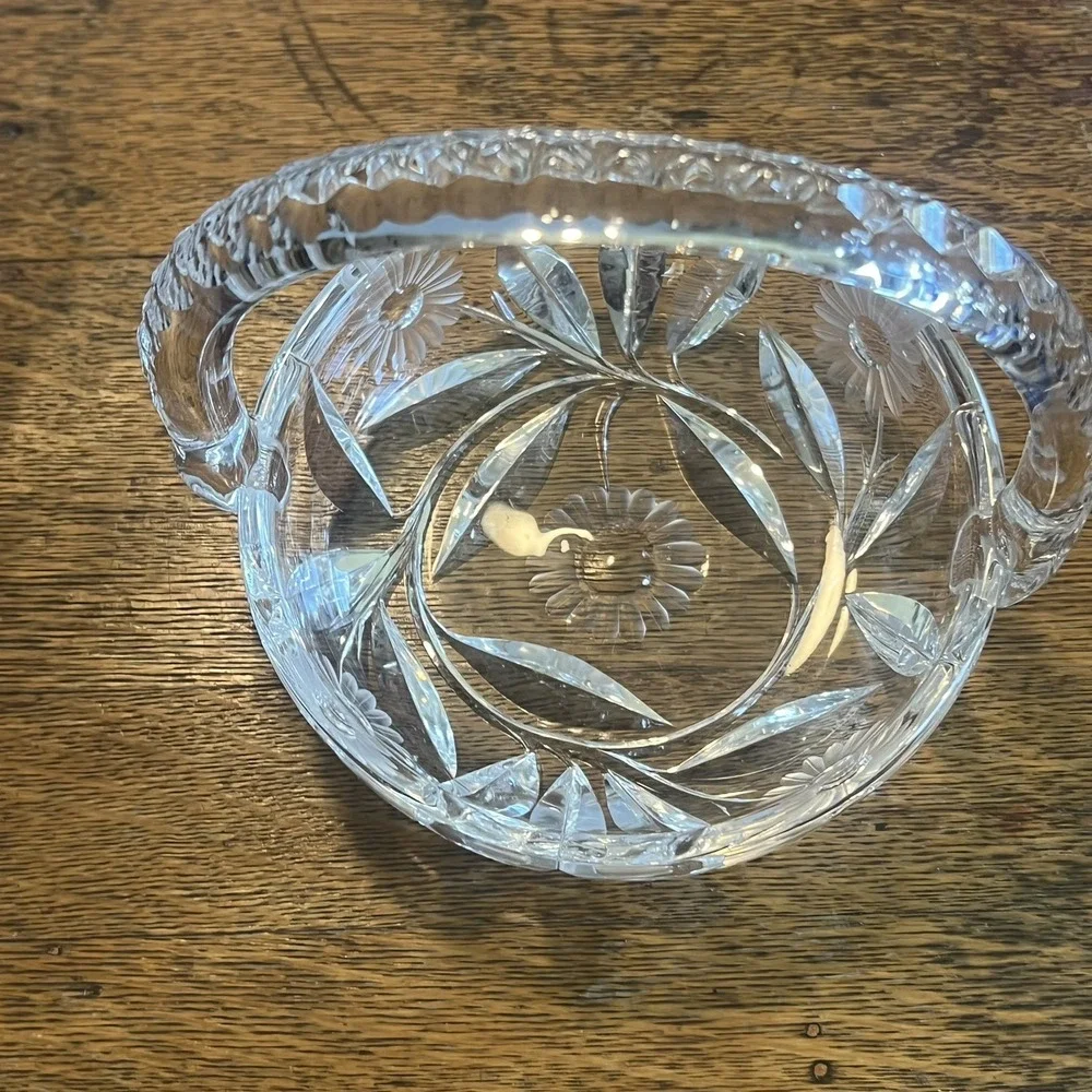 Crystal Clear Vintage Glass Basket Bowl Oval Cut Glass Floral 1970s Decorative